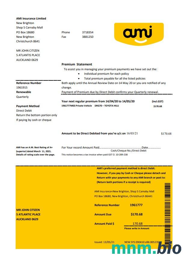 Szablon wyciągu bankowego w Nowej Zelandii Ami Insurance Limited w formacie Word i PDF